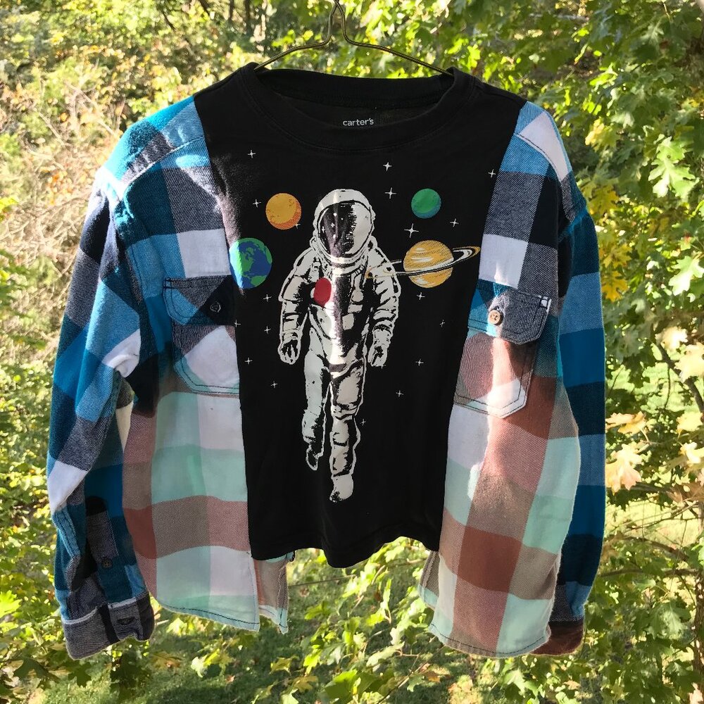 Upcycled Oversized Astronaut Graphic T-Shirt Reworked Flannel Child's Size 4 6 8